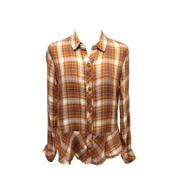 Democracy Top Womens Small Orange Tan Plaid Flannel Raw‎ Hem Button Up Boho - Picture 1 of 7